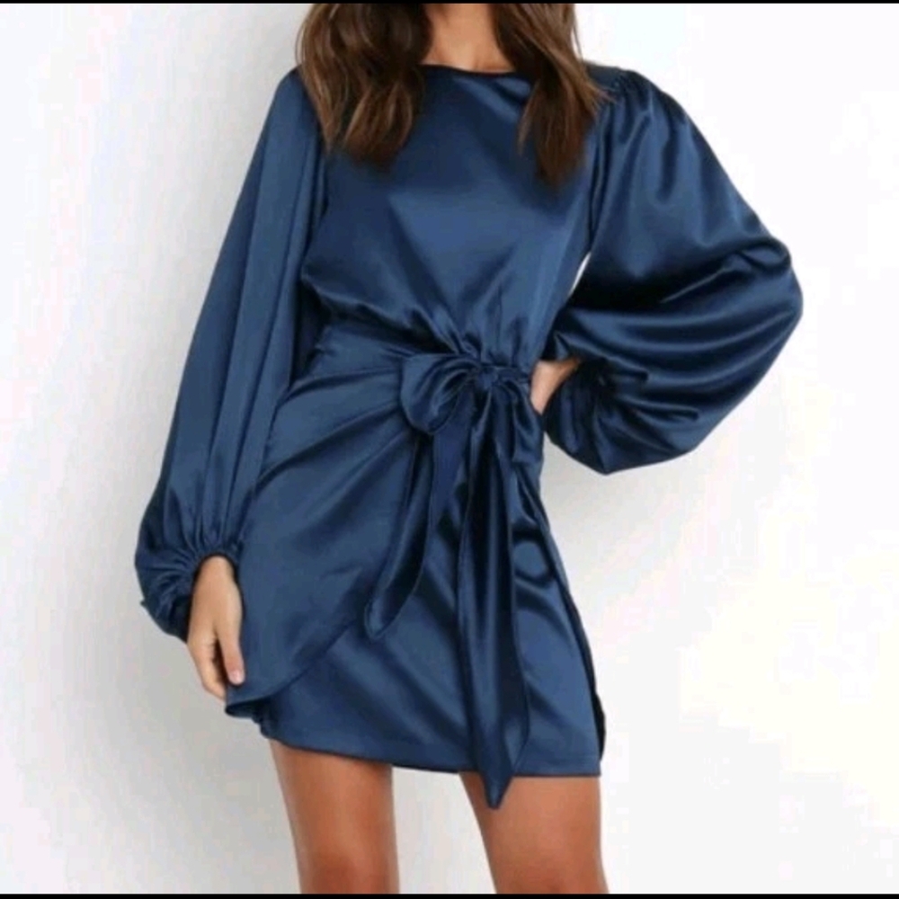 Petal & Pup Satin Long-Sleeve Mini Dress in Deep Blue